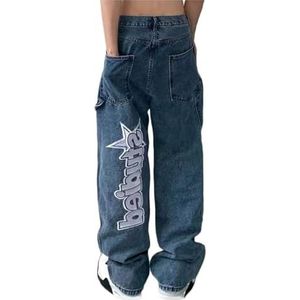 Baggy Jeans Met Print For Heren Jeans Rechte Jeans Gewassen Denim Vintage Jean-broek Skateboardbroek Streetwear(Blue,L)