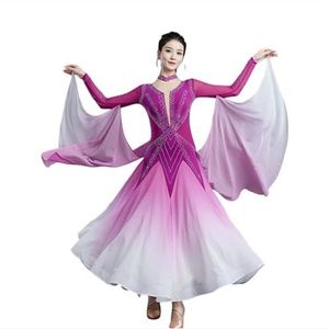 Yhsgscr Ballroom Big Swing Rok Professionele moderne danswedstrijd danskleding voor dames Feestjurk met strass steentjes Foxtrot dansoutfit,Purper,3XL