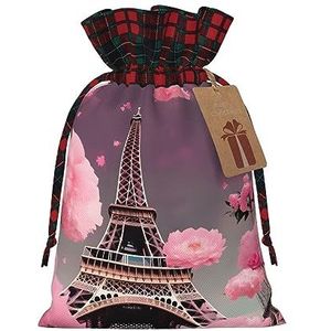 Paris Street Eiffeltoren roze bloemen herbruikbare geschenktas-trekkoord kerstcadeau tas, perfect voor feestelijke seizoenen, kunst & ambachtelijke tas