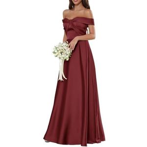 HPPEE Off-shoulder satijnen bruidsmeisjesjurken voor dames, mouwloos, A-lijn baljurk lange galajurk, Bordeaux, 32