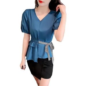 Dvbfufv Vrouwen Mode Koreaanse Effen Kleur Slanke V-hals Blouses Vrouwen Zomer Elegante Korte Mouw Ruches Shirt, Blauw, S