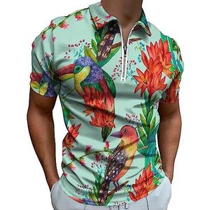 Aquarel Exotische Vogels En Bloemen Polo Shirt Voor Mannen Casual Rits Kraag T-shirts Golf Tops Slim Fit
