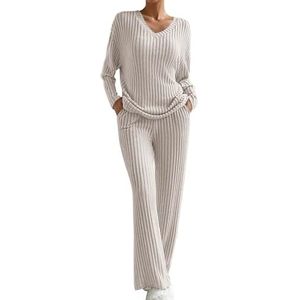 Tweedelig gebreid pak voor dames, vrijetijdspak, V-hals, broekpak, lange mouwen, geribbeld, gebreide trui + rechte broek, gebreid sportpak, zacht huispak, losse lounge-set, yoga trainingspak, beige, M