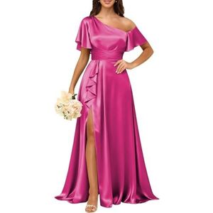 KURFACE Satijnen bruidsmeisjesjurken met mouwen geplooid korset galajurk met split lange formele avondjurk voor dames, Fuchsia, 32