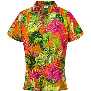 King Kameha Funky Hawaïblouse voor dames, met korte mouwen, voorzak, Hawaii-print, ananas-print, Pineapple Leaves Oranje, 3XL