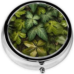 Pillendoosje met spiegel, retro pillendoosje met 3 vakken, groene bladeren en planten, kleine pillenorganizer voor portemonnee of zak, decoratieve metalen medicijnen, vitamine-organizer, unieke