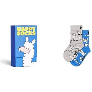 Happy Socks Kinder Lama Sokken in Geschenkdoos - Blauw & Wit - 2-Pack voor Kinderen van 7-9 Jaar