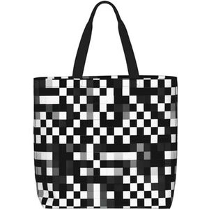 SSIMOO Bee Flying 1 stijlvolle rits boodschappentassen, schoudertas, de perfecte mix van stijl en gemak, Zwart Wit Formule Geruit Patroon, Eén maat