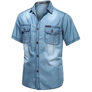 Heren lichtblauw denim overhemd korte mouw dun katoen slank stretch denim shirt zomer pocket shirt, Lichtblauw, M