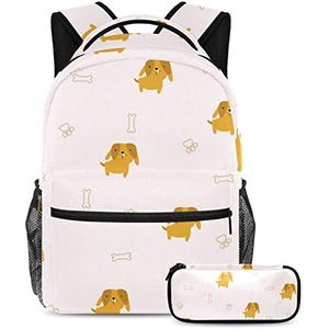 Leuke gele hond rugzak met etui, 2 stuks Kid Schooltas Set voor Jongens Meisjes Tieners, Travel Book Bag voor Studenten, Meerkleurig, B：29.4x20x40cm P：19x7.5x3.8cm, Rugzakken