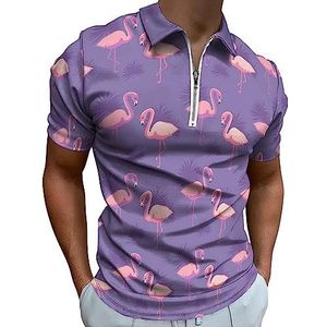 Roze flamingo's en palmbladeren poloshirt voor mannen casual T-shirts met ritssluiting T-shirts golftops slim fit