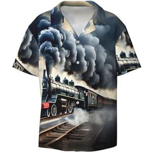 OdDdot Stoomtrein wolken print herenoverhemden atletisch slim fit korte mouw casual zakelijk overhemd met knopen, Zwart, XXL