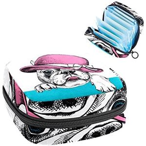 Grappige mopshond met hoed Periode Pouch Draagbaar,Tampon opbergtas voor maandverband, Meerkleurig, 4.7x6.6x6.6 in/12x17x17 cm