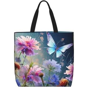 Libelle en bloemen bedrukte herbruikbare boodschappentassen,Canvas draagtas herbruikbare boodschappentassen strandtas schoudertas, Libel en bloemen, Eén maat