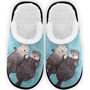 Twee schattige Otter pantoffels voor heren, pluche voering, comfort, warm, koraal fleece dameshuispantoffels voor binnen, buiten, spa