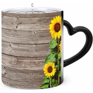 Herfst Zonnebloemen Houten Patroon Koffie Mok 11oz Kleur Veranderende Mokken Hartvormig Handvat Warmtegevoelige Verkleuring Cups