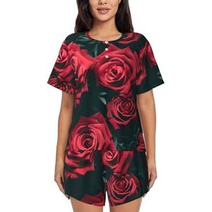 YJxoZH Rode Rose Print Womens Zomer Pyjama Sets Nachtkleding Dames Korte Mouw Nachtkleding Pjs Lounge Met Zakken, Zwart, XXL