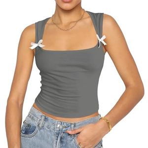 Dames Tanktop met Strikdecor, Sexy Mouwloze Crop Cami-shirts met U-hals, Casual Zomerkleding(Color:Gray,Size:S)
