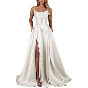 KIYNE Satijnen galajurken voor dames met steekzakken en spaghettibandjes, lange formele avondjurk, Ivoor, 36