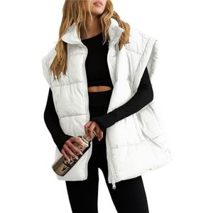 Utdoor Vest, Dames Winter Kort Donsvest Lichtgewicht Warme Opstaande Kraag Dikke Pluizige Jas Vrije tijd Mouwloos Jas(White,XXL)