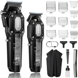VGR Professionele Haartondeuse voor Mannen, Draadloze Kapperset met Tondeuse en Trimmer, Heren Haarknipset met 10 Opzetkammen, USB Oplaadbare Knipmachine voor het Gezin, LED Display, Zwart