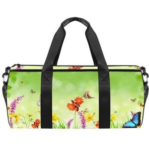 Lente Bloemen Gras Vlinder Groen Patroon Sport Gym Tas Fitness Workout Plunjezak Reistas Tote Handtas Apparatuur Tas voor Vrouwen Mannen, Meerkleurig, 17.7x9x9 inches