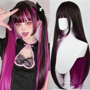 Synthetische lange rechte pruik met pony Pruik Meisje Schattig Ombre Roze Blond Zwart Cosplay Party Halloween Harajuku Pruik-60cm-zwart-