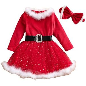 Baby Kerst Kerstman Kostuum Outfit Set 2 Stuks Jurk Hoofdband/Hoed Set 18Mon-6T riem + strik(Red,110)