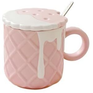 WLTYSM Koppel keramische waterbeker schattige mok koppel meisje creatief ontbijt melkbeker met deksel met lepel thuis drinkbeker koppels mokken (kleur: roze)