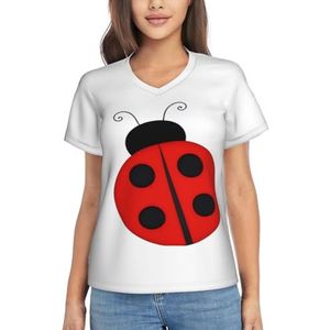 3D Lieveheersbeestjesprint dames V-hals T-shirts - casual tops met korte mouwen, losse pasvorm, ademende zomershirts, Wit, S