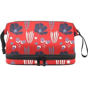 Grote capaciteit reizen cosmetische tas,Blauwe aardbei bloemen rode achtergrond,Make-up tas,Waterdichte make-up tas organisator, Meerkleurig, 27x15x14 cm/10.6x5.9x5.5 in