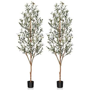 Kazeila Kunstolijfboom, 180 cm grote kunstplant voor binnen met fruit, olijfplant van imitatiezijde in pot voor woondecoratie (2 stuks)