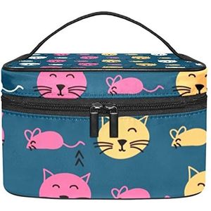 Honkbal Sport Rode Make-up Tas Voor Vrouwen Meisjes Cosmetische Tassen Met Handvat Reizen Make-up Organizer Tas, Leuke dieren kat muis, 8.9x5.9x5.4 Inches, Make-up Pouch