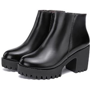 Elegante Korte Laarzen Met Blokhak Platform Enkellaarzen for Dames PU Lederen Enkellaarzen Winterwarme Snowboots Met Pluche Enkelschoenen In Britse Stijl for Buiten, Feest (Color : Black, Size : 42