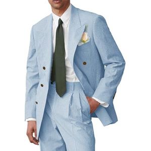 RAJEGAR 2-delige herenpakken lichtgewicht zomer casual blazer jas broek set slanke smoking voor business, feest, bruiloft, bal, Blauw, XXS