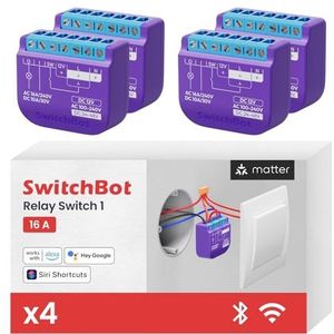 SwitchBot Smart Relais Schakelaar 1, Wi-Fi & Bluetooth Schakelaar werkt met Alexa/Apple HomeKit/Google Home/Matter, 2,4 GHz, Home Automation,16A 4 stuks