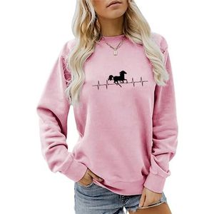 Dames paard sweatshirt paard hartslag grafische shirts lange mouw ronde hals pullover tops paard Lo, Roze, M