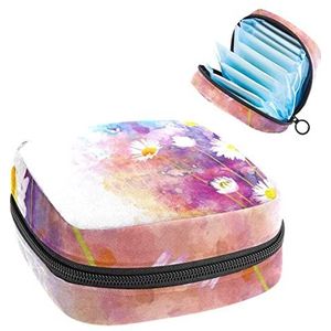 Aquarel Geschilderd Little Daisy Bloem Periode Pouch Draagbaar,Tampon Opbergtas voor Maandverband, Meerkleurig, 4.7x6.6x6.6 in/12x17x17 cm
