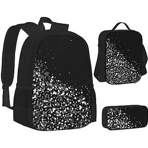 TOMPPY Zwart Wit Glitter Gedrukt Boeken Tas Met Lunch Tas En Etui Voor Elementaire, 3 stks Rugzak Sets, Zwart, Eén maat, Schooltas Set