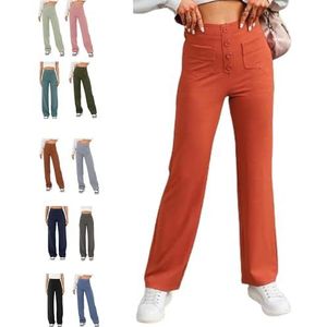 BAWUTZ Casual hoge taille stretch broek voor vrouwen, hoge taille rechte been broek met zakken, casual stretch broek, super elastische hoge taille broek, rechte pijp broek voor vrouwen (Rot, L)