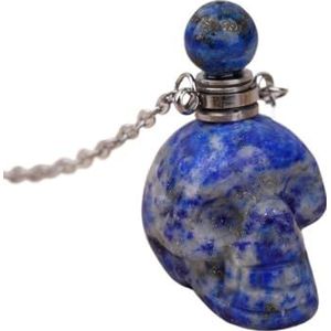 Gemstone Skull Head Perfume Bottle Pendant For Women Hand Carved Crystal Skull Figurine Essential Oil Necklace Gift (Color : Silver_Lapis)