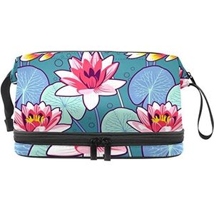 Dubbellaags Cosmetische Tas Goudvis Onder Lotus Draagbare Make-up Tas Reizen Organizer Pouch Voor Vrouwen Meisjes Toiletries Tassen, Meerkleurig, 27x15x14 cm/10.6x5.9x5.5 in, Make-up zakje