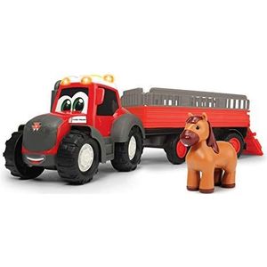 Dickie Toys 203815005 Happy Massey Ferguson Animal Trailer, tractor met dierenaanhanger en paard, trekker met hanger, boerderijspeelgoed, licht en geluid, 30 cm, vanaf 12 maanden, rood