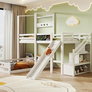 Moimhear Kinderbed, stapelbed met plank en glijbaan, trap met opbergruimte, 90 x 200 cm, eenpersoonsbed met valbeveiliging, hoogslaper voor kinderen, 2 x lattenbodem (wit -1)