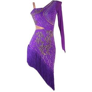 Danskostuums Latin dans paarse mesh strass kwastje staartjurk Cha Tango vrouwelijke podium professionele kleding (Color : Purple, Size : XXL)