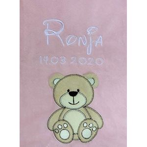 KIDDI-MEDIA Babydeken met naam en geboortedatum geborduurd / knuffelzacht / 1A kwaliteit (roze, beer)