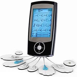 TENS elektrostimulator tegen pijn en elektrostimulatie van spieren EMS – revalidatie, pijnverlichting, massage, fysiotherapieverzorging, 16 massageprogramma's + 8 elektroden