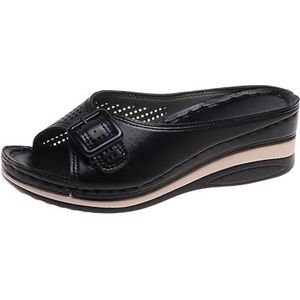 Dames Orthopedische Sandalen Vintage Sleehak Slippers 2024 Zomer Peep Toe Slippers PU Lederen Pantoffels Rubberen Platformslippers Met Gesp Vrijetijdsstrandschoenen (Color : Black, Size : 38 EU)