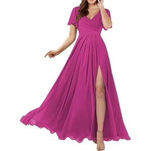Dames chiffon bruidsmeisjes jurken met split lange galajurken ruches cocktailjurk plus size, Fuchsia, 32