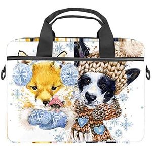 Blauwe Mandala's Bloemen Patroon Laptop Schouder Messenger Bag Crossbody Aktetas Messenger Sleeve voor 13 13.3 14.5 Inch Laptop Tablet Beschermen Tote Tas Case, Hond Vossen Winter Sneeuwvlok, 11x14.5x1.2in /28x36.8x3 cm